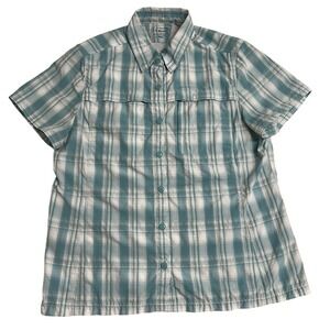 LL Bean Shirt Womens L Blue Vented Stretch Tropicwear Button Up Short Sleeve Top